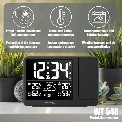 Technoline WT548 - Despertador con proyección, Radio Despertador con pronóstico del Tiempo, Temperatura Interior, Humedad Interior, indicador de Temperatura Exterior, transmisor Exterior, Pilas