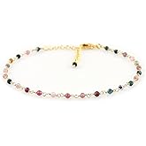 JOR Natural Multi Tourmaline Beaded Rosary Anklet, Handmade Craft, Anklet Beads Bracelet, Chakra Healing Anklet, Gemstone Women Jewelry, Dainty Gold Plated Anklet 9 inch + 1.5 inch (1pcs)