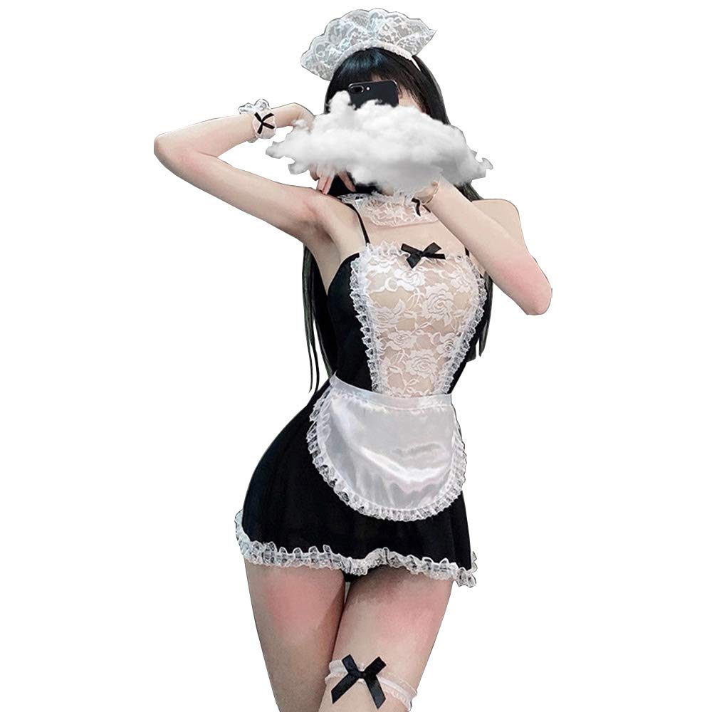 SINMIUANIME Women's Sexy Maid Cosplay Lingerie Set Keyhole Nightwear Babydoll Nightdress Cute (7911Black)