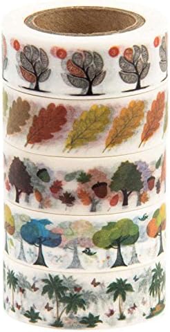 Washi Tape (Japanese Masking Tape) by MIKOKA, 0.6 Inches Wide, 32.8 Feet Long, Set of 5 - Woods