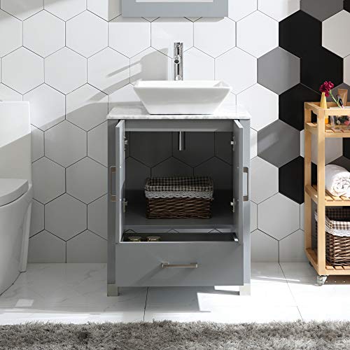 36" Grey Paint Bathroom Vanity and Sink Combo Glass/Marble Top w/Drawer Side,Sink, Faucet (Solid Wood + Marble Top) - Thumbnail 4