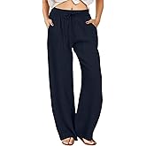 FireSwan Womens Palazzo Pants Casual Drawstring Flowy Pants Wide Leg Summer Beach Linen Trousers with Pockets