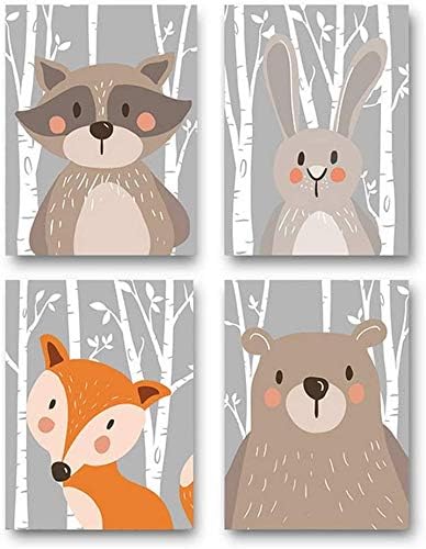 Ciujoy Unframed Cartoon Wall Pictures 4 Panels for Kids Room Fox Animal Inspirational Canvas Print Art Decoration Posters For Girls Boys Bedroom Nursery Home Living Room Bedroom Decor 21x30cm