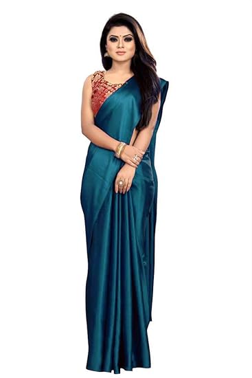 Market Magic World Womens Satin Silk Plain Saree With Bloues Piece