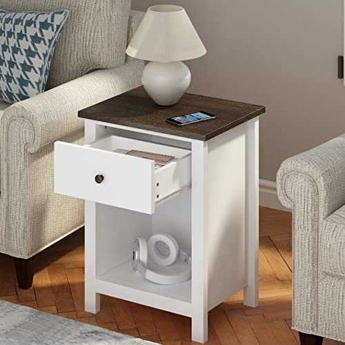 ChooChoo Farmhouse End Table with Drawer, White Bedside Table with