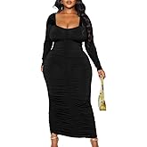 LAGSHIAN Womens Sexy Plus Size Long Sleeve Bodycon Ruched Square Neck Party Long Dress