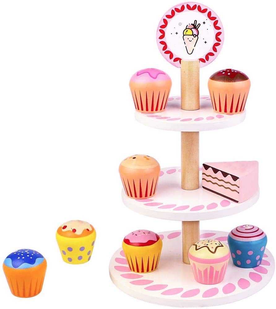 Jerryvon Wooden Cupcake Stands Kids Toys for Afternoon Tea Set Wooden Food 3 Tier Cake Stand Toy Kitchen Toys Pretend Role Play Food Sets for Children Toddler Toys for 3 4 5 Year Olds Girls