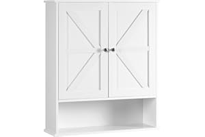 Reettic Two Door Wall Cabinet, Wooden Medicine Cabinet, Wall Mounted Bathroom Storage Cabinet with Inner Adjustable Shelf, for Bathroom, Kitchen, Entryway, White BMGZ103W