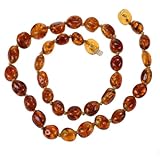 Baltic Amber Teething Necklace for Baby By Amber Beata - Cognac Honey Olive-shape - Safety Knotted, 100% Genuine Baltic Amber Teether Amber Necklace
