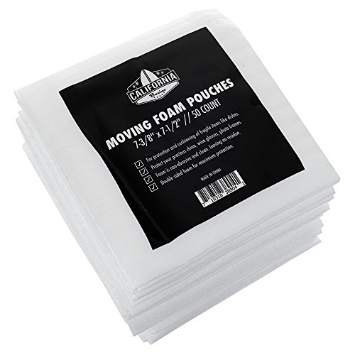 Foam Wrap Cup Pouches 7 3/8" x 7 1/2" (50 Count), Cushion Pouches to Protect Dishes, Glasses, Porcelain & Fragile Items, Packing Supplies for Moving by California Basics