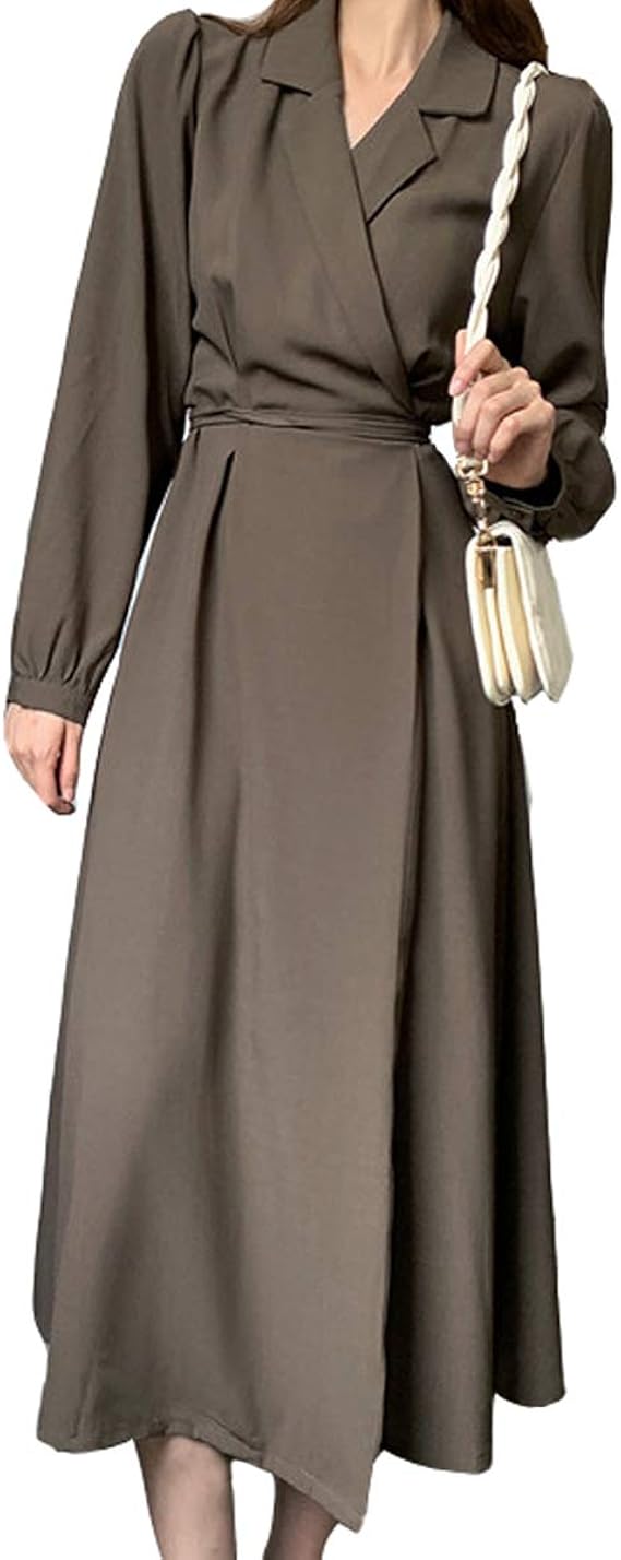 Amazon 水田亜木 ワンピース ロング レディース Vネック 2way 秋 長袖 ロングワンピース 無地 ハイウエスト 通勤 デイリー 着痩せ 立て襟 Aライン カーキ ワンピース チュニック 通販