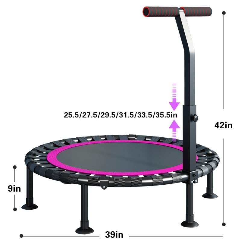 DMG TECH Trampoline, T Shape Adjustable Foam Handle Trampoline, Stable and Quiet Exercise Rebounder, Indoor Rebounder Exercise Trampoline Body Exercise and Fitness, for Adults and Kids