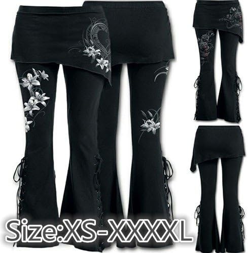 New Fashion Women's Pants 2 In 1 Black Embroidered Leggings Casual Bandage Flares Punk Lace Up Bell Bottoms Leggings