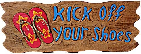 Hawaiian Wood Sign Plaque "Kick Off Your Shoes" with Red Flip Flops Slippers 15" x 5"