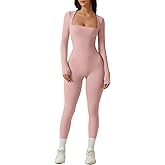 QINSEN Womens Sexy Square Neck Long Sleeve Full Length Leggings Bodycon Stretch Jumpsuit