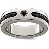 Titanium Cable and Black Spinel With 925 Sterling Silver Polished Bezel 7mm Band Ring for Women and Men