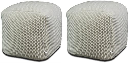 Crocheted/Knitted Ottoman Pouf - White (100% Cotton, Handmade, Square, Beautiful, Soft and Lightweight,Set Of 2