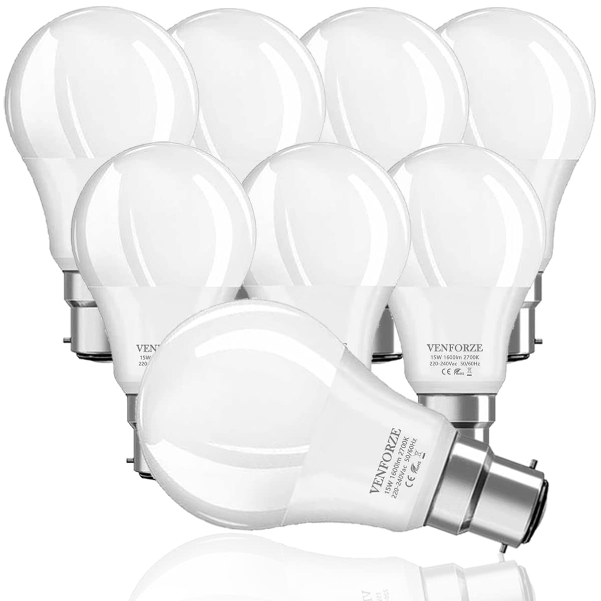 Venforze Bayonet Light Bulbs 150W Equivalent, 15W A60 B22 LED Bulbs, Super Bright 1600LM, Warm White 2700K, BC Energy Saving Light Bulbs, Non-dimmable, 8-Pack