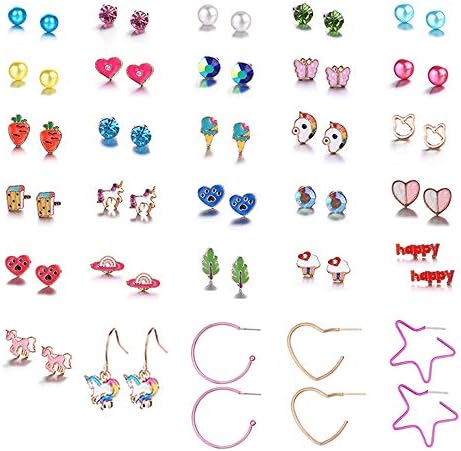 Aganippe 20/24 /30 Pairs Hypoallergenic Stud Earring Set for Women Girls Unicorn Heart Mermaid Scales Rainbow Pearls Owl Rhinestone Cute Mixed Color Stainless Steel Stud Earring Pack