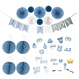 Paikō Baby Shower Decorations for a Boy | 'IT'S A BOY' Gold Foil Lettered Banner, FUN 25 Piece Photo Props, Sash, Honeycomb Balls, Paper fans, Nursery room Decor Kit