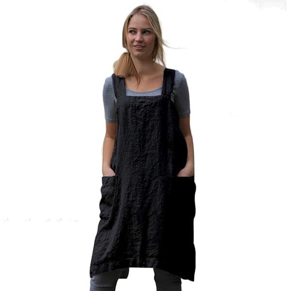 thumbnail image 2 of HANEE Linen Cross Back Apron For Women - Japanese Style No Tie Pinafore With Pockets 2 of 13