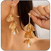 Gold Statement Flower Earrings,Chunky Punk Bunch Dangle Ginkgo Biloba Leaf Tassel Earrings Large Metal Drop Ear Bohemian Layered Petal Floral Jewelry for Women