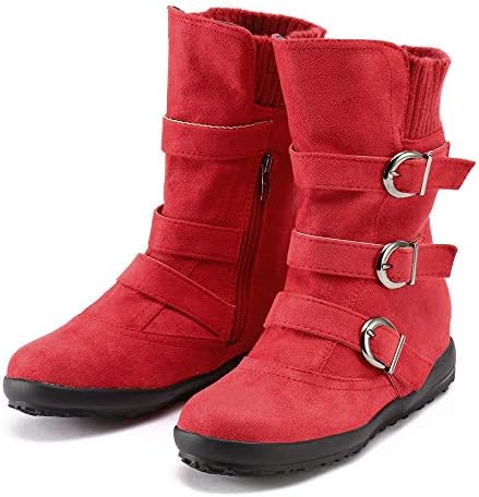 Celiy Women Knee High Suede Round Toe Zipper Flat Pure Color Buckle Strap Keep Warm Snow Boots