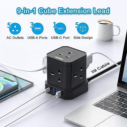 TOPREK Cube Extension Lead with USB Slots, 5 Way Power Strip with 5 AC Outlet 4 USB (20W PD3.0 Fast Charger) 1 Switch, 2M Extension Cord, 3250W/13A, UK Power Strip for Desk Home Office Travel