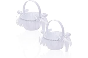 2PCS Flower Girl Basket,Handmade Pure White Lace Yarn Satin Bowknot Flower Baskets Dried Flower Petals Set,Fariy Wedding Bask