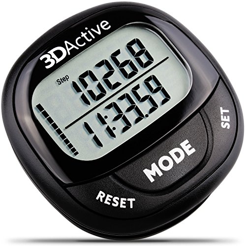 3DActive 3D Pedometer PDA-100| Best Pedometer for Walking with 30-Days Memory. Accurate Step Counter, Calorie Counter, Distance Miles/Km & Daily Target Monitor. (Black/Black)