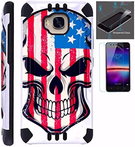 For Huawei Ascend XT Case + Tempered Glass Screen Protector / Slim Dual Layer Brushed Texture Armor Hybrid TPU KomBatGuard Phone Cover (US Flag Skull)