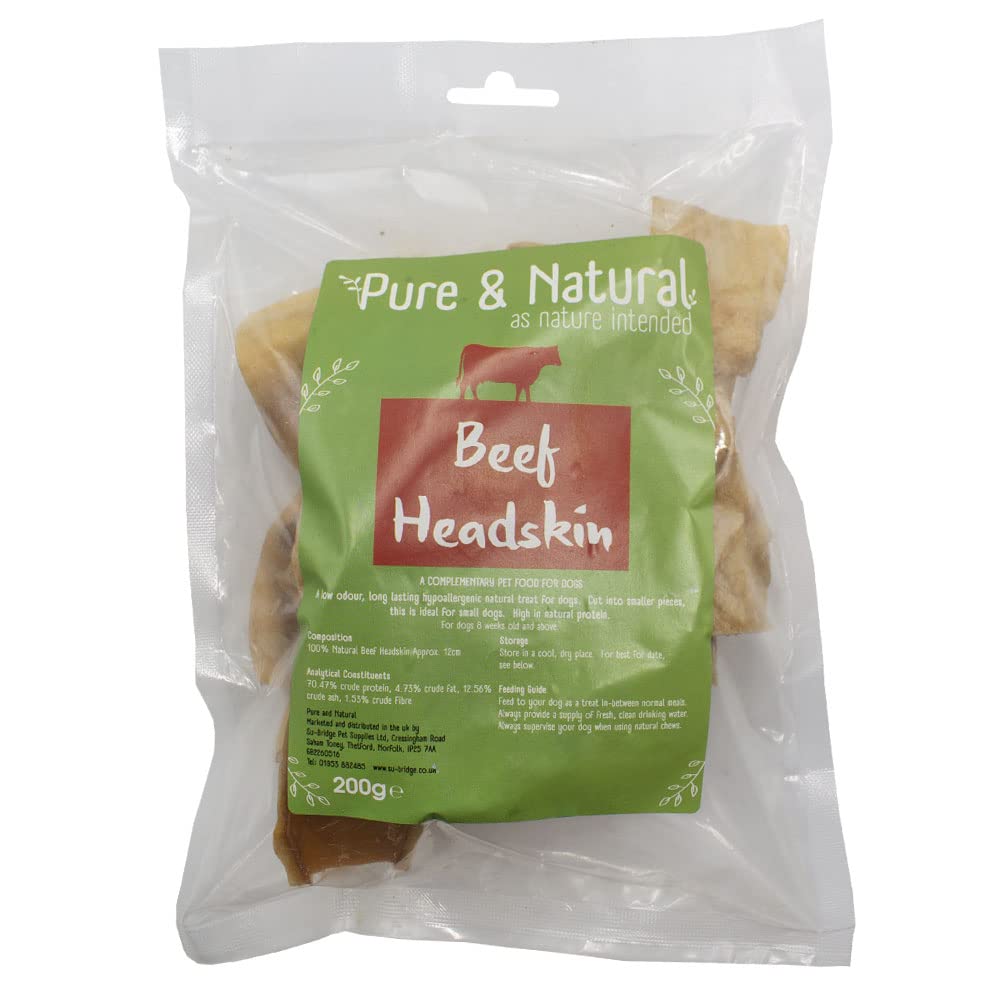 Pure & Natural Beef Head Skin for Dogs 12cm - Long Lasting Dog Chew Made from Beef Scalp for Dogs, Healthy, Gluten Free, Low Fat, Natural Dog Treats - 200g Bag