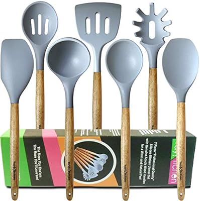 Amazon Com Gray Silicone Kitchen Utensils With Acacia Wood Handles 7 Piece Set By Yaykitchen Kitchen Dining