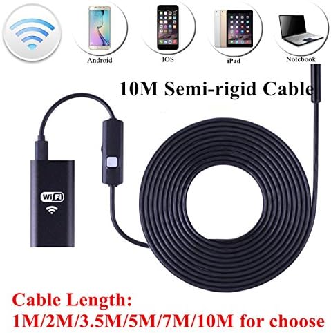 8.0mm WiFi Endoscope Inspection with 10M Semi-Rigid Cable iOS Android Wireless Borescope Snake Camera with 2.0 Megapixel Pixels USB Waterproof HD 6LED for iPhone 7/7Plus/6/6s,iPad,Samsung