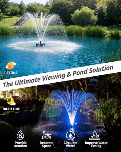 POPOSOAP Floating Pond Fountain & Aerator Complete Kit with LED Lights, 4500 L/h Water Pump, 9m Power Cord, 3 Spray Styles for Ponds, Pools, Lakes & Water Gardens