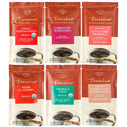 Teeccino Mushroom Adaptogen Herbal Coffee Sampler 6 TrialSize