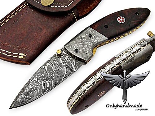 OH-04 Custom Handmade Damascus Steel Folding Knife - Beautiful Rose wood Handle with Damascus Steel Bolsters. Knife is durable