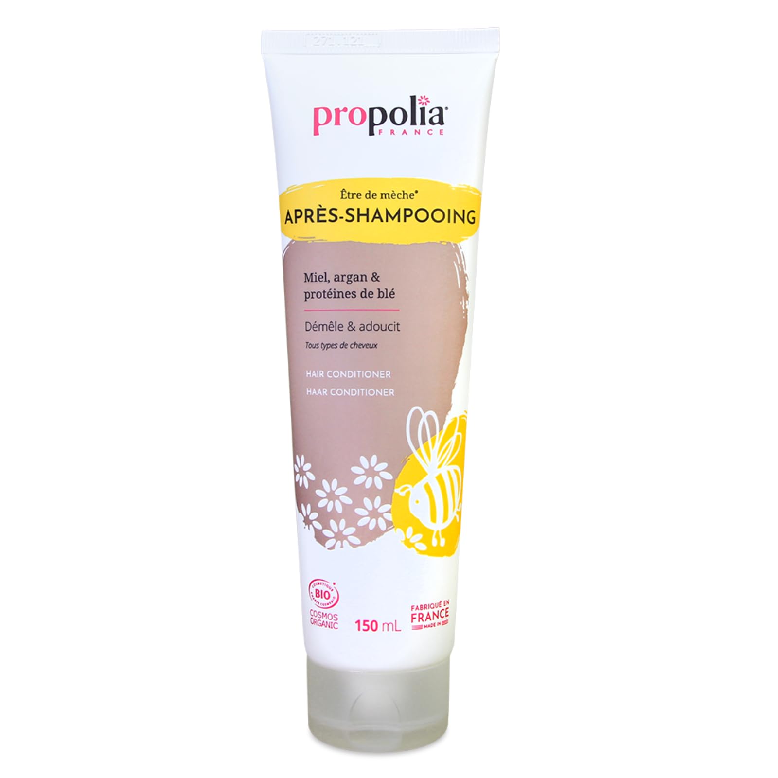 PROPOLIA - Organic - Detangling and strengthening conditioner - Softness and shine - Extra gentle - Dry and damaged hair - Honey, Argan and Wheat Protein - Made in France - 150 ml
