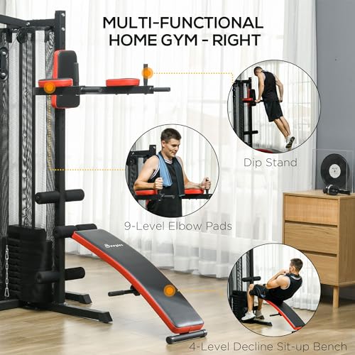 Soozier All-in-One Home Gym System, Multi Gym Workout Station with Weight Stack, LAT Pull Down, Sit up Bench, Push up Stand, Adjustable, for Full Body Training