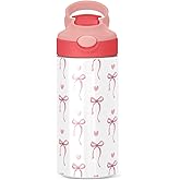 Pink Ribbon Bow Kids Water Bottle with Straw and Carry Handle Heart Bow Tie White Cute Vacuum Insulated Stainless Steel Bottles Leak-Proof for Boys Girls Toddler 12 oz Pink Lid