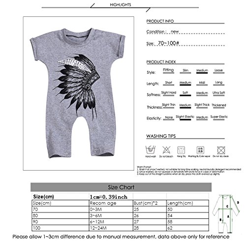 Camidy Toddler Baby Boy Short Sleeve Indian Headdress Printed Romper Bodysuit Jumpsuit (3M)