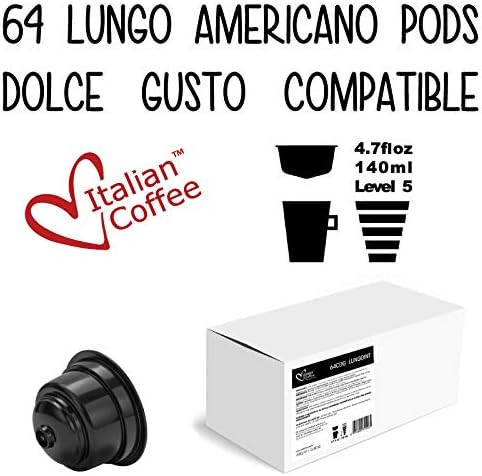 Dolce Gusto compatible capsules, Lungo Americano Italian pods (Lungo Americano, 128)