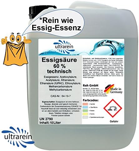 Acetic Acid 60% *Pure as Vinegar Essence for all types of Cleaning Descaling Universal Descaler Cleaner 10L (10000ml)