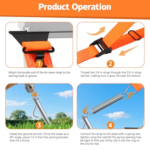 Storm Strap for Awning & Awning - 5 cm Wide Webbing, 38 cm Ground Anchor, Storm Protection Awning, Storm Bands for Awnings, Guy Straps Awning Motorhome, Guy Ropes Camping with S-Hooks and T-Connectors