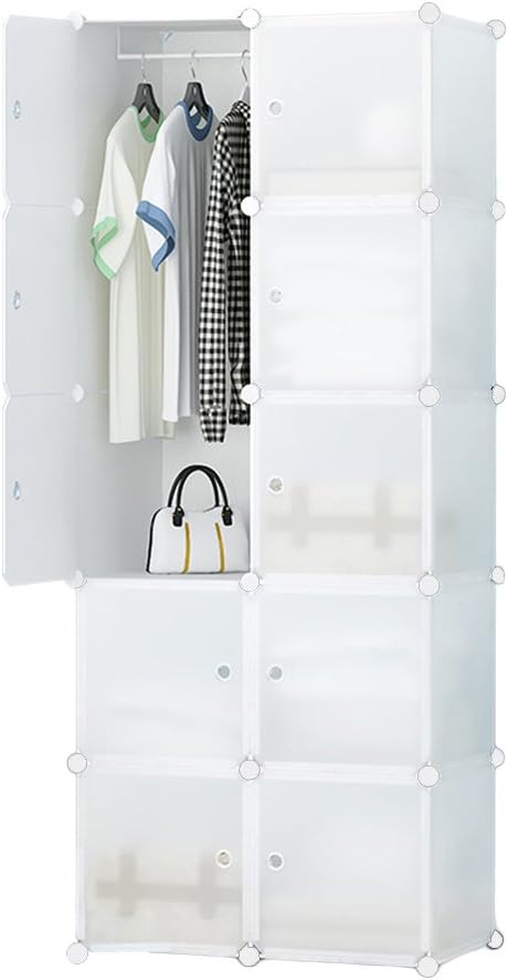 ETTBJA DIY Wardrobe Portable Translucent Clothes Organizer Modular Storage Units Multi-Purpose Organizer(10 Cubes 1Hanger Section)