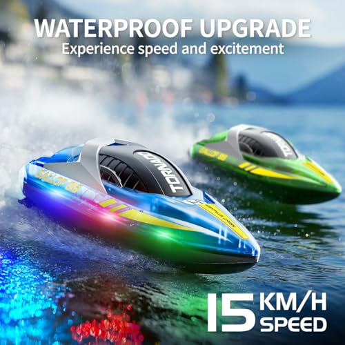 RC Fast RC Boat - 2.4GHz Waterproof Dual RC Boat Set with LED Double Propeller, Automatic Flip 2 Speed, 4 Batteries, for Kids Adults, Swimming Pool and Lake