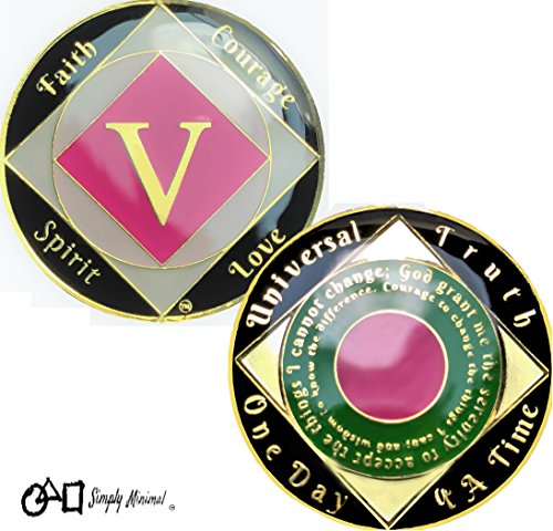 Simply Minimal 5 Year NA Gold Plated Recovery Clean Time Coin, Medallion + Plastic Capsule, Display Case (Pink)