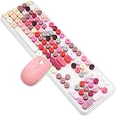 Retro Wireless Keyboard and Mouse Combo,Vintage Typewriter Key Board with 104 Cute Colorful Round Keys, 2.4GHz Full Size Aesthetic Bubble Keyboard&3 DPI Mouse for PC Laptop Desktop (Mixed Pink&Red)