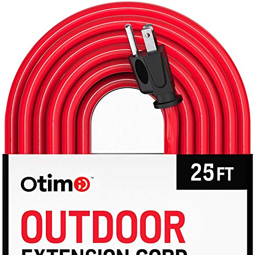 Otimo 25 ft 12/3 Outdoor Extra Heavy Duty Extension Cord - Professional Series - 3 Prong Extension Cord, Red
