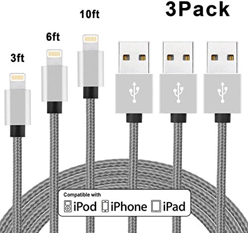 2-in-1 Lightning and Micro USB Cable [3 Pack 3ft 6 ft 10ft] [Grey]Jonycable Long Nylon Braided High Speed Sync and Charging Cable Cord for iPhone 7 6S 6 Plus/5s, iPad /iPod, Android Samsung, HTC, LG